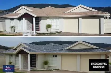 Before and after of a house roof recoated in charcoal