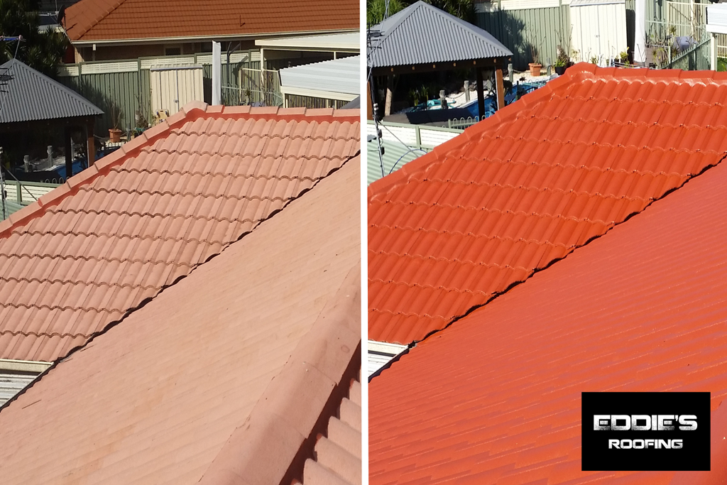 Close up of terracotta roof tiles before and after coating