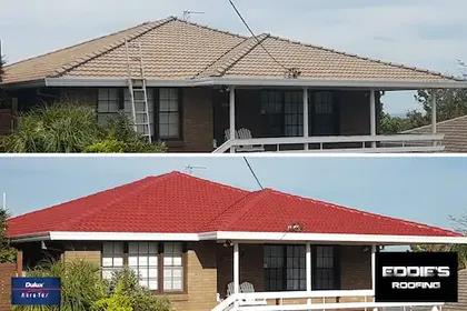 Before and after of a house roof finished in red